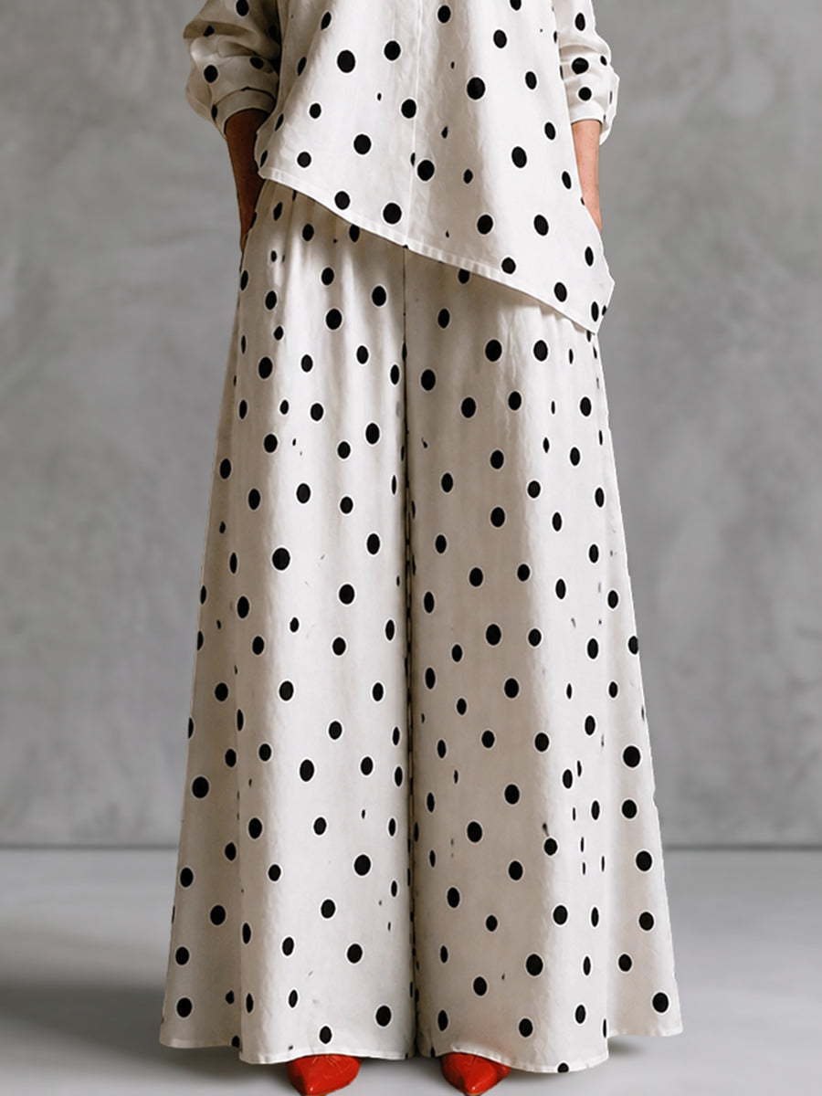 Polka-Dot Pockets Contrast Color Wide Leg Loose Trousers Pants