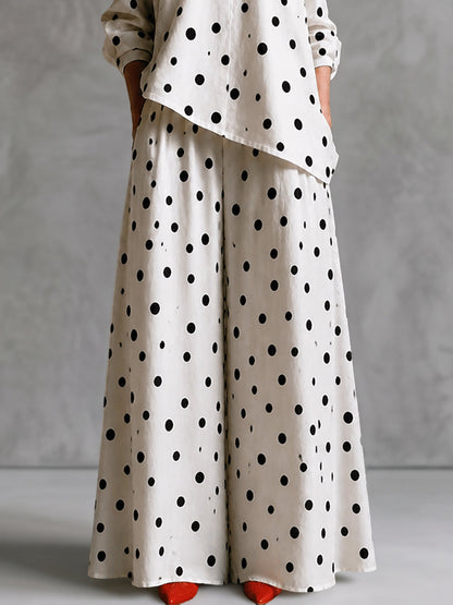 Polka-Dot Pockets Contrast Color Wide Leg Loose Trousers Pants