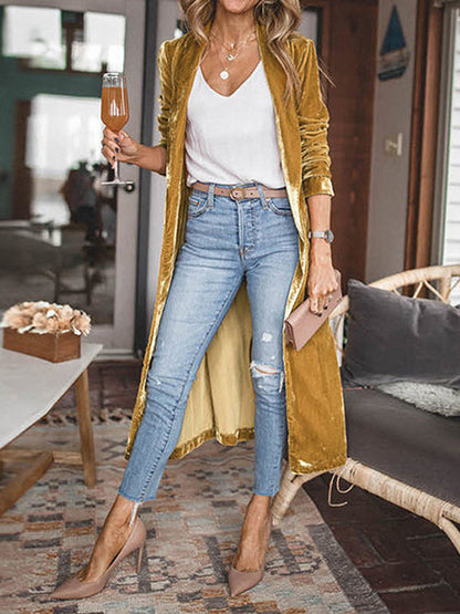 Long Sleeves Loose Pockets Solid Color Split-Joint Velvet Collarless Outerwear