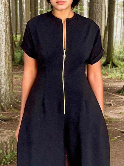 Kurze Ärmel Weites Bein Elastizität Split-Joint Reißverschluss Rundhals-Overalls 