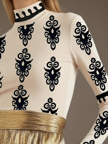 Long Sleeves Skinny Printed Split-Joint Round-Neck T-Shirts Tops