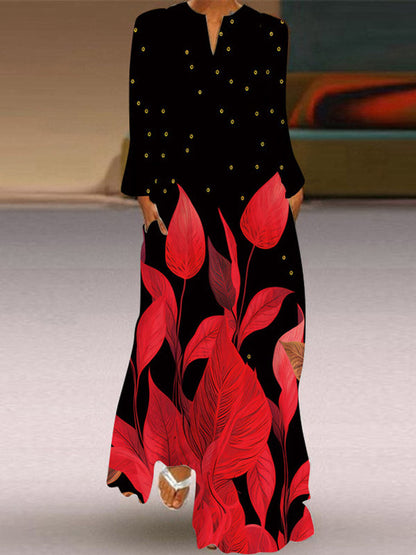 Robe longue ample à manches longues et col en V, imprimée de couleurs contrastées 