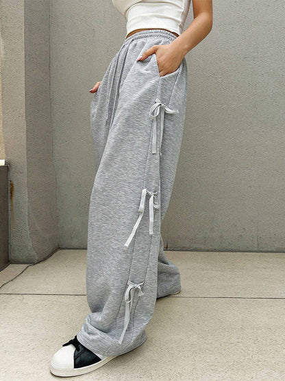 High Waisted Loose Drawstring Elasticity Solid Color Split-Joint Pants Trousers