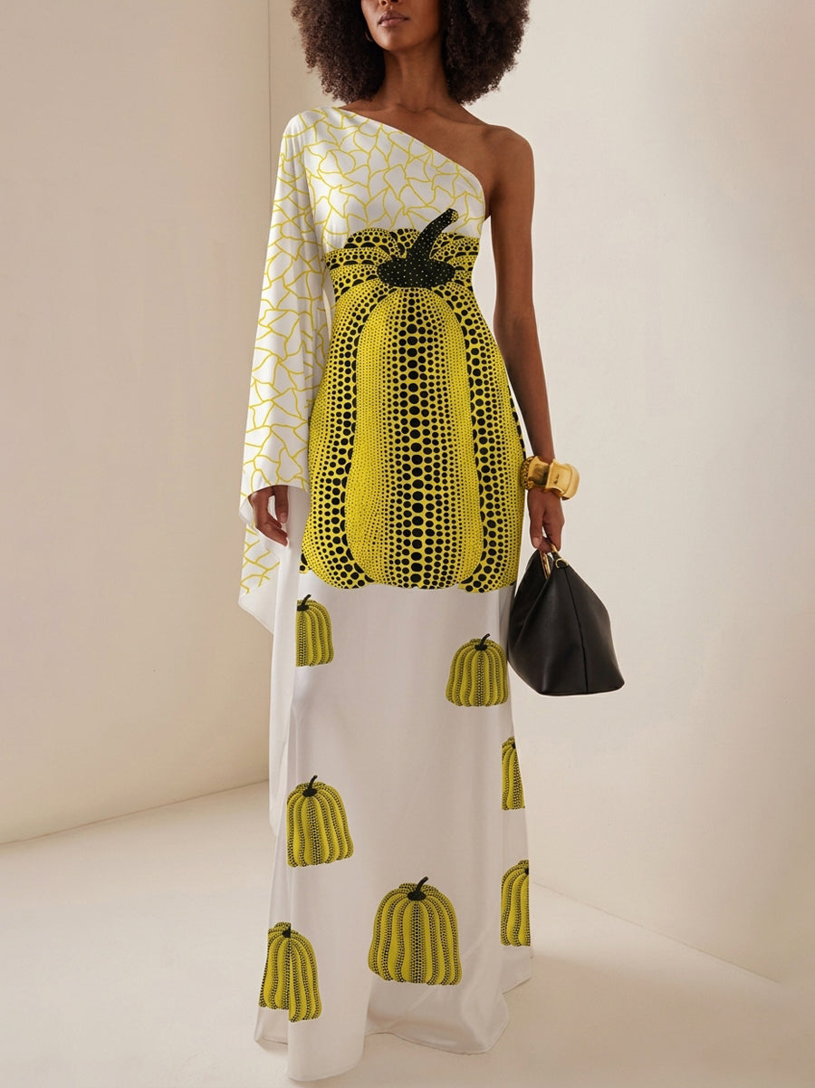 Long Sleeves Loose Asymmetric Printed One-Shoulder Maxi Dresses