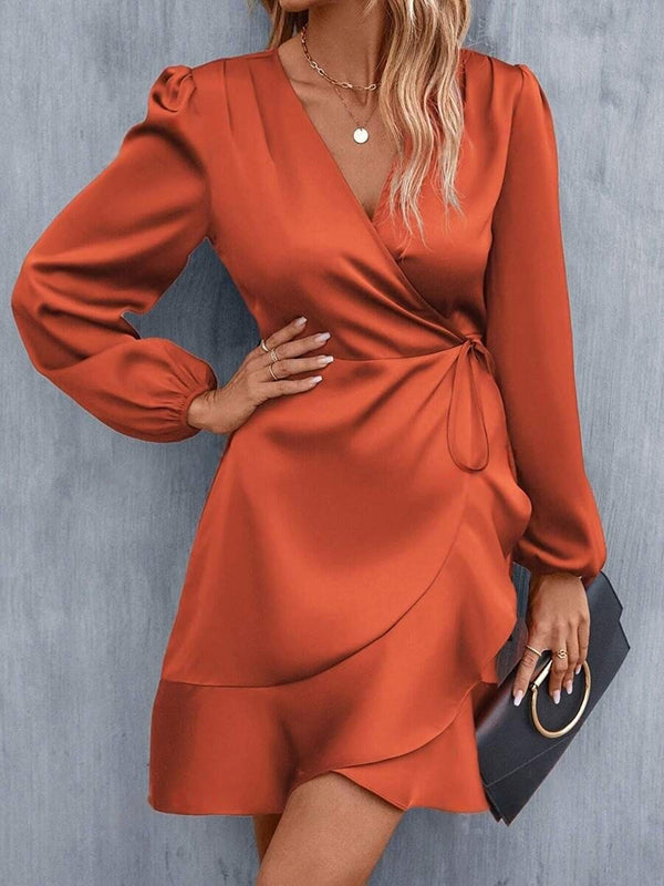 Mini-robes taille haute, plissées, élastiques, couleur unie, fendues, nouées, col en V 