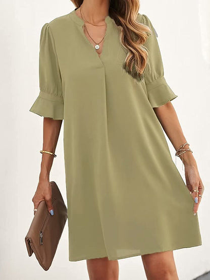 A-Line Flared Sleeves Pleated Ruffled Solid Color Split-Joint V-Neck Mini Dresses