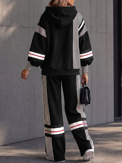 Striped Drawstring Contrast Color Loose Long Sleeves Hooded Sweatshirt Tops
