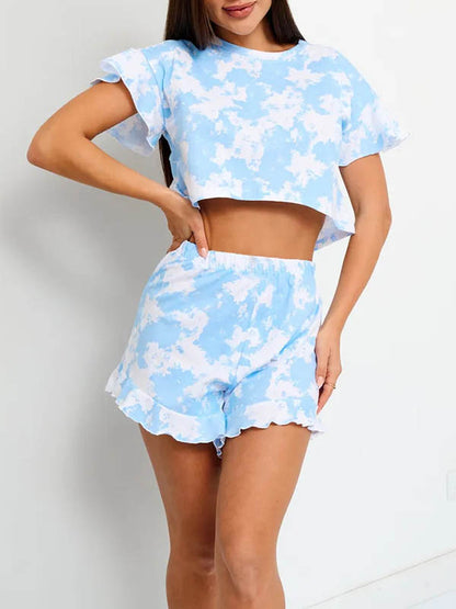 Loose Short Sleeves Elasticity Ruffle Trim Round-Neck T-Shirt Top + Shorts Bottom Pajama Sets