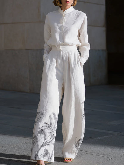 High Waisted Wide Leg Buttoned Flower Print Pleated Pockets Solid Color Pants Trousers