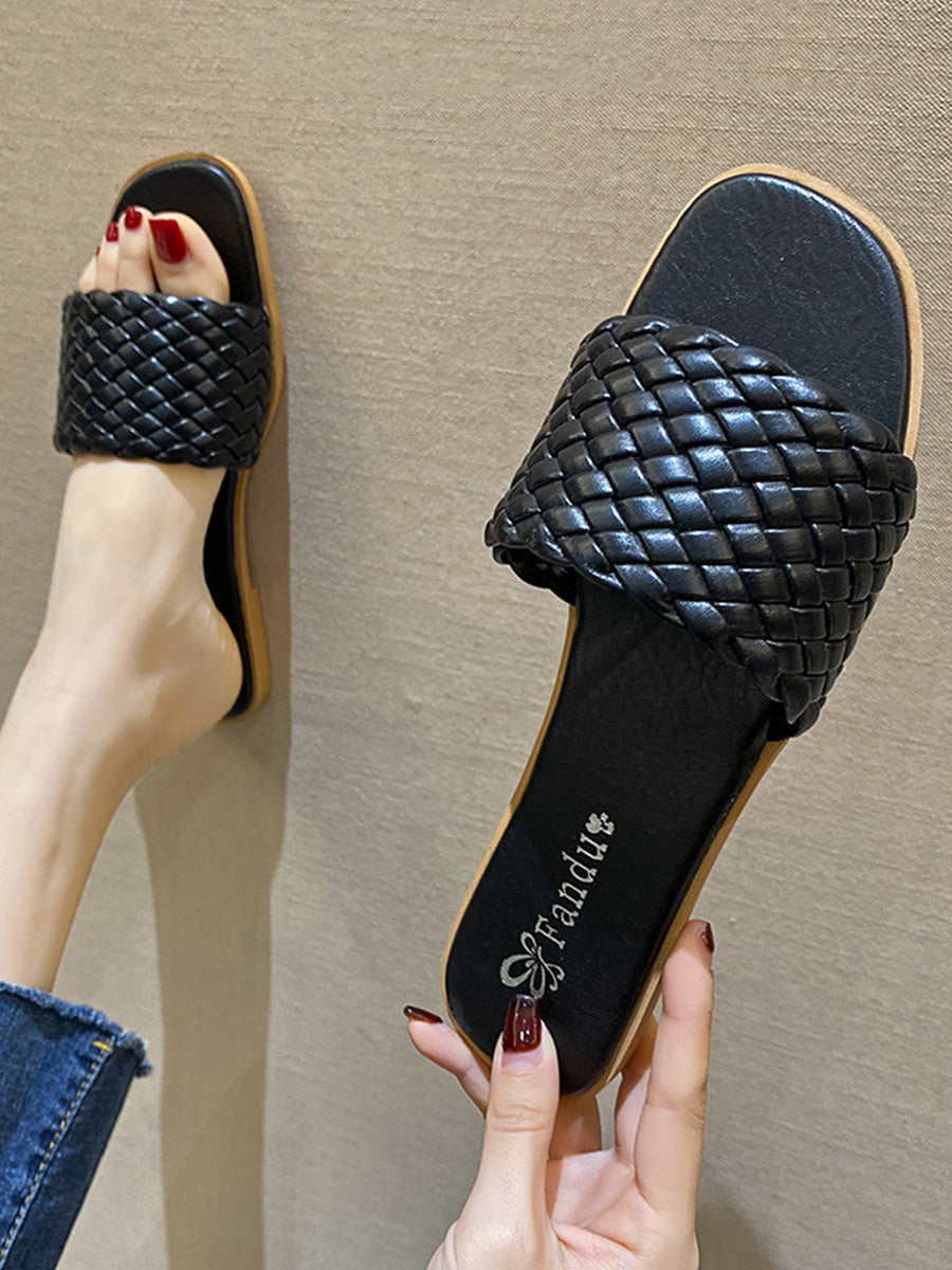 Solid Color Square-Toe Woven Flats Mules&Slides