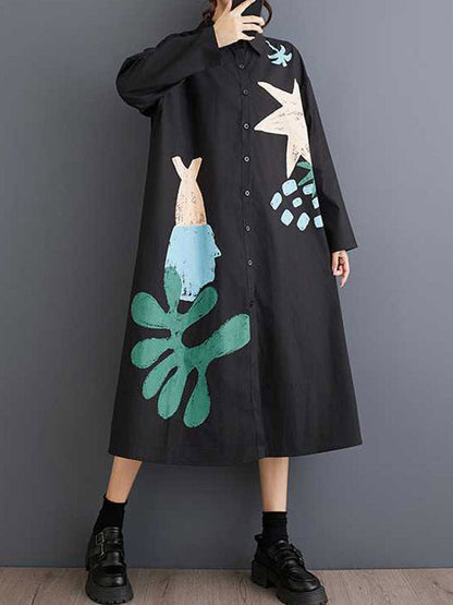 A-Line Long Sleeves Buttoned Pockets Printed Split-Joint Lapel Midi Dresses Shirt Dress