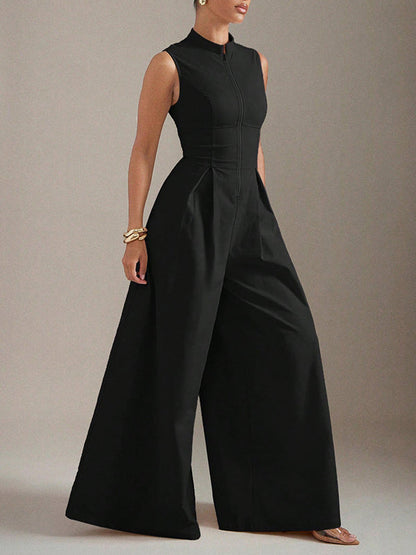Sleeveless Wide Leg Pleated Solid Color Split-Joint Zipper Round-Neck Jumpsuits