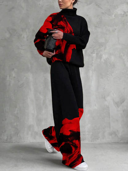 Pockets Flower Print Contrast Color High Waisted Trousers Pants