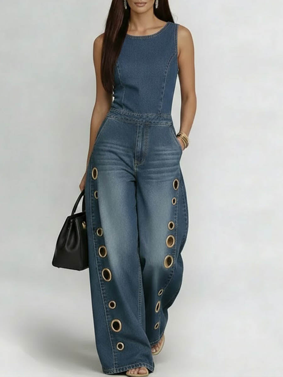 High Waisted Loose Geometric Hollow Pockets Solid Color Split-Joint Round-Neck Jumpsuits