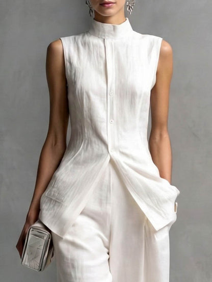 Loose Sleeveless Buttoned Solid Color Stand Collar Vest Top