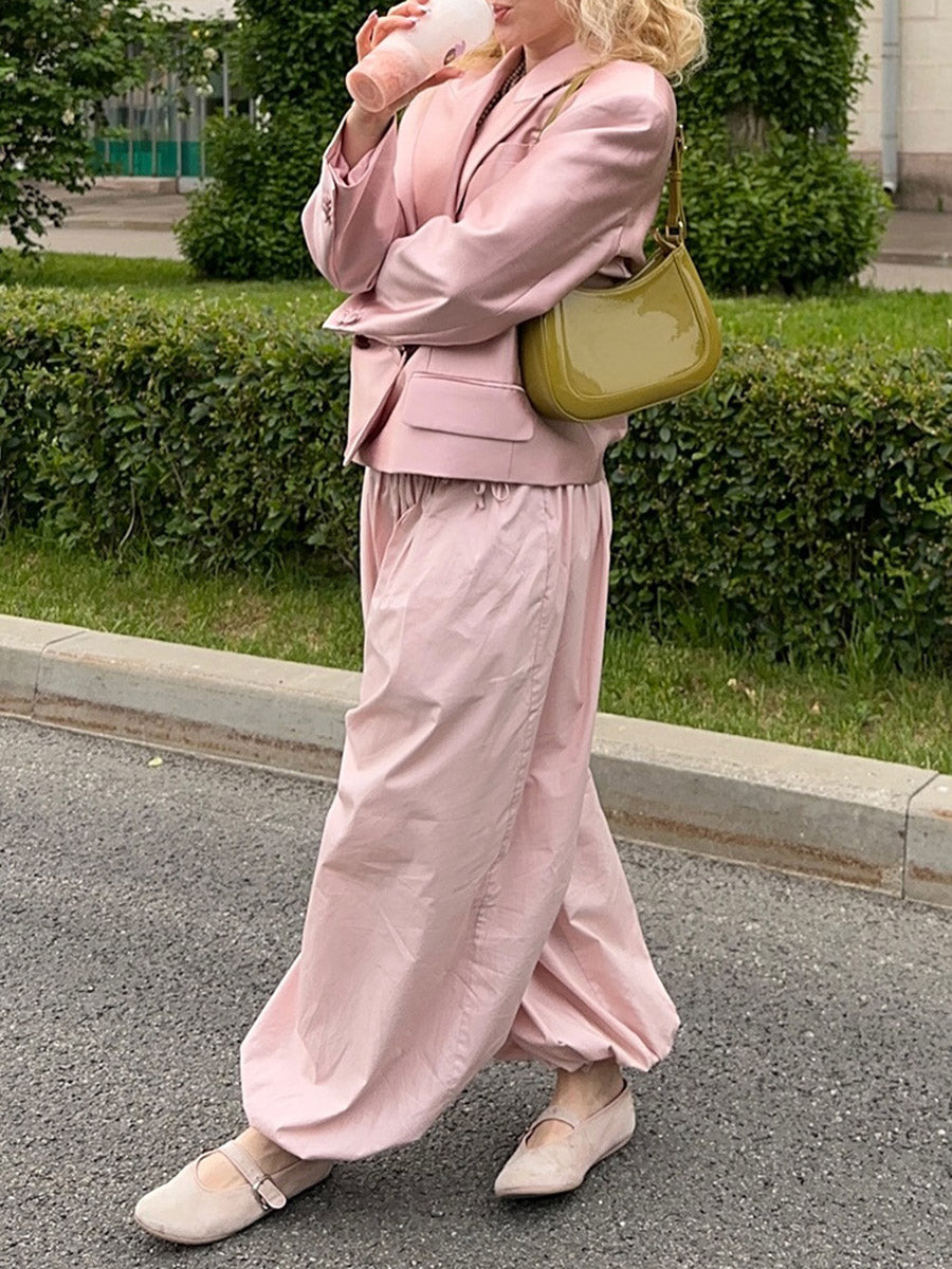 Elasticated Waist High Waisted Drawstring Pleated Solid Color Ankle-Tied Pants