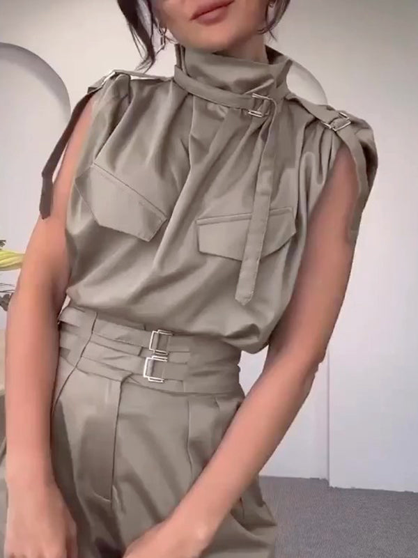 Chemisiers et chemises amples sans manches à col montant et boucle de couleur unie 