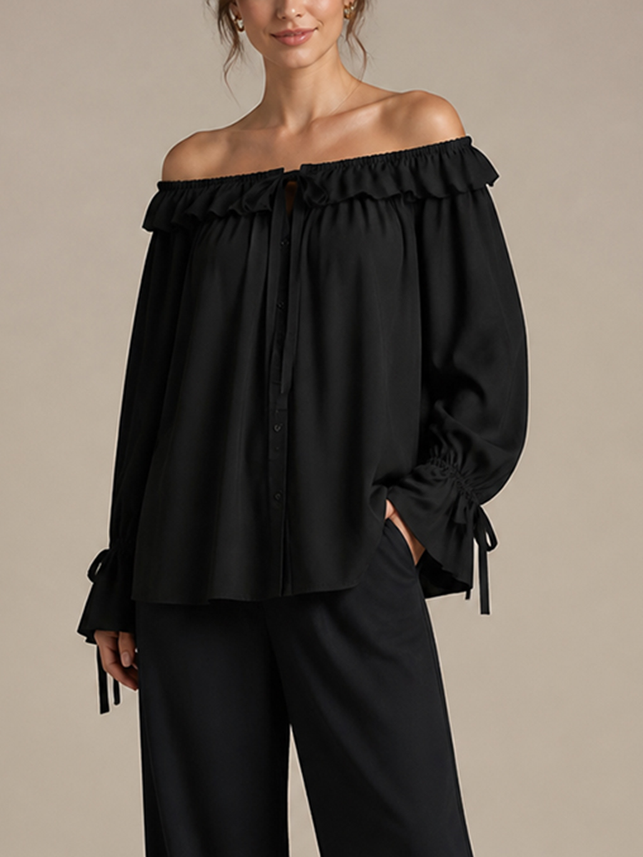 Solid Color See-Through Ruffle Trim Elasticity Drawstring Buttoned Loose Long Sleeves Off-the-shoulder Blouses&shirts Tops