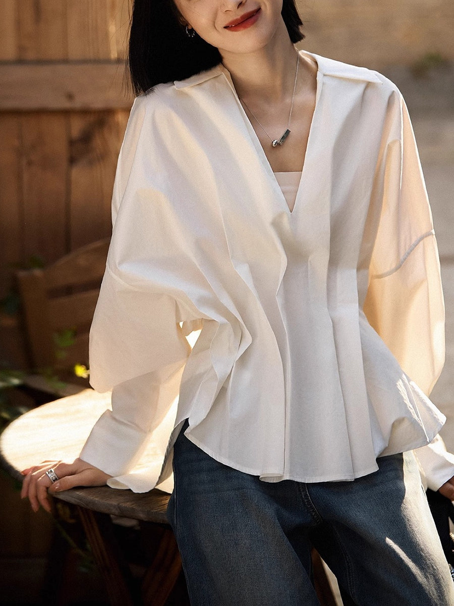 High-Low Long Sleeves Pleated Solid Color Split-Joint Lapel Blouses&Shirts Tops