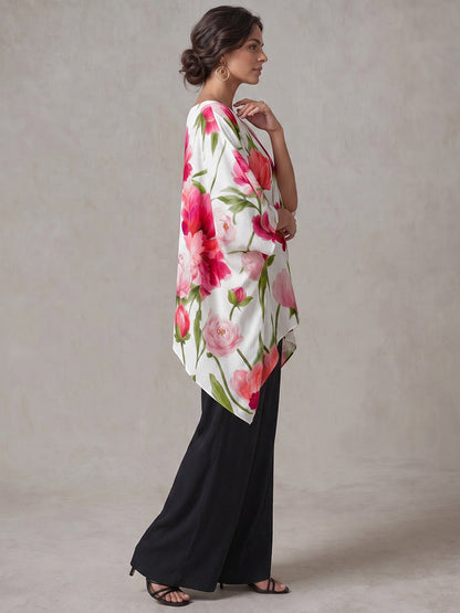 Flower Print Asymmetric Three-quarter Sleeves Loose Round-neck Blouses&shirts Tops