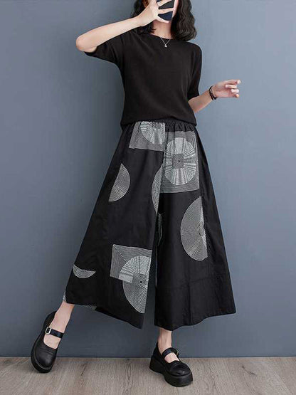 Pantalon court taille haute ample et élastique imprimé 