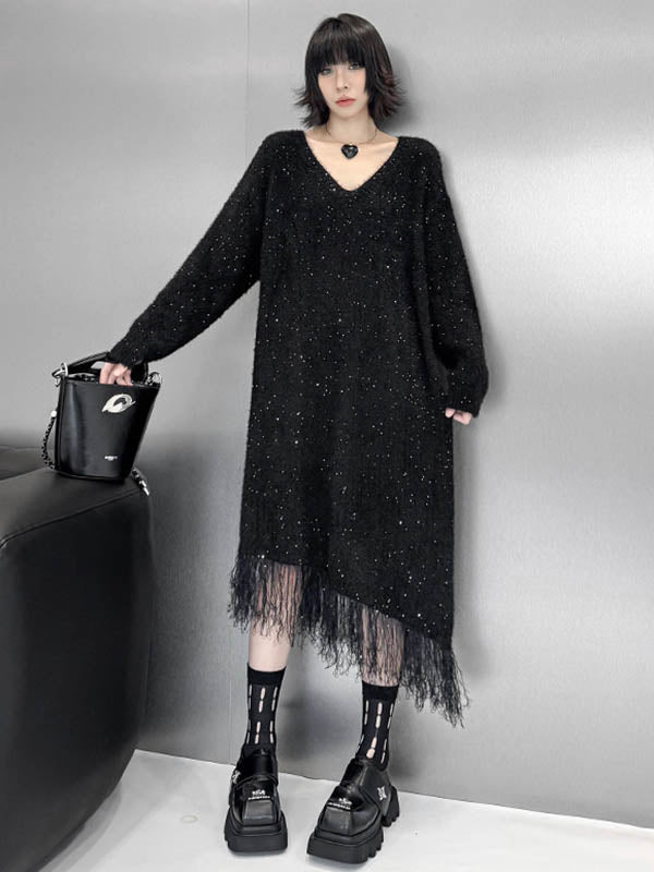 Irregularity Long Sleeves Contrast Color Sequined Shiny Split-Joint Tasseled V-Neck Midi Dresses Sweater Dresses