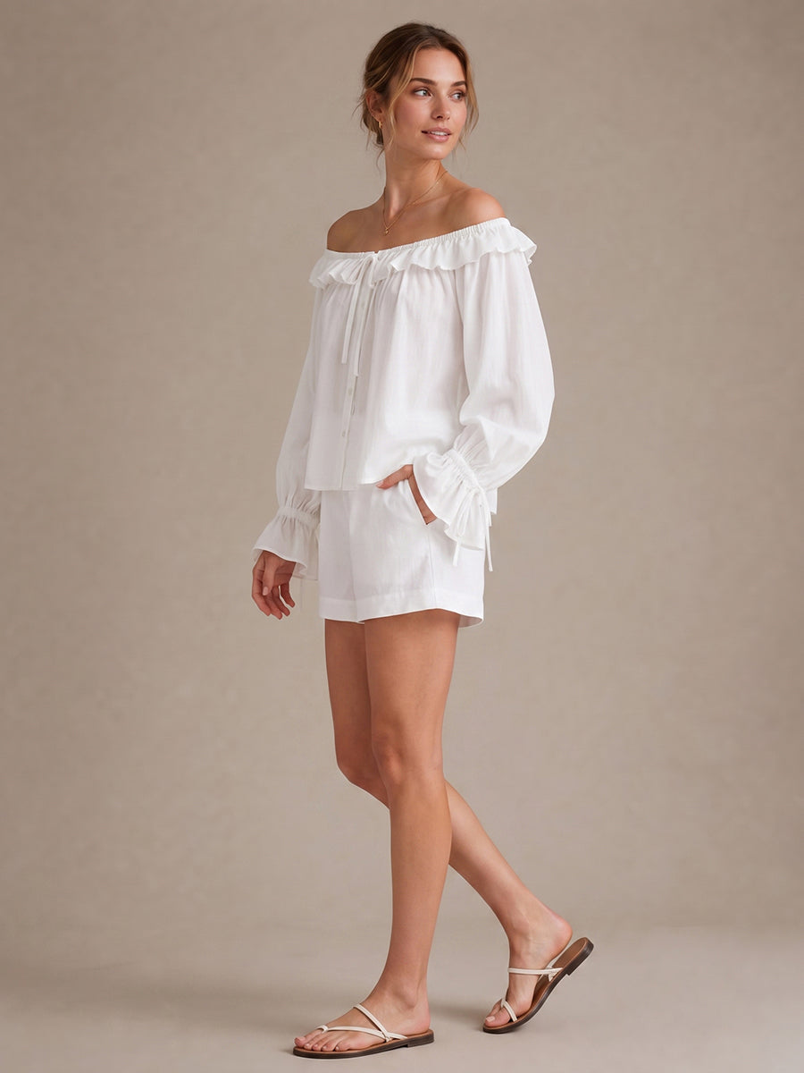 Solid Color See-Through Ruffle Trim Elasticity Drawstring Buttoned Loose Long Sleeves Off-the-shoulder Blouses&shirts Tops