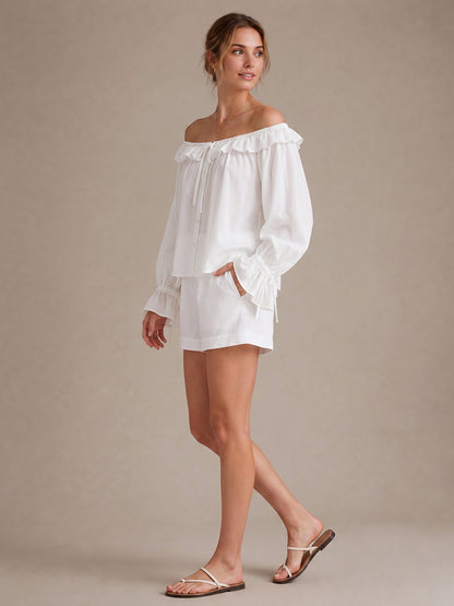 Solid Color See-Through Ruffle Trim Elasticity Drawstring Buttoned Loose Long Sleeves Off-the-shoulder Blouses&shirts Tops