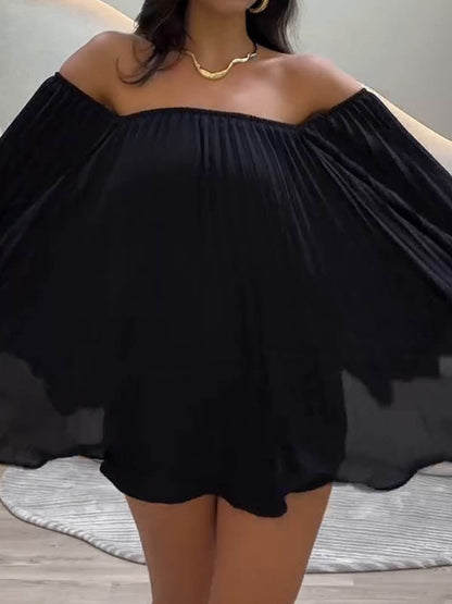 Batwing Sleeves Loose Pleated Solid Color Off-The-Shoulder Shirt Top + Shorts Bottom Two Pieces Set