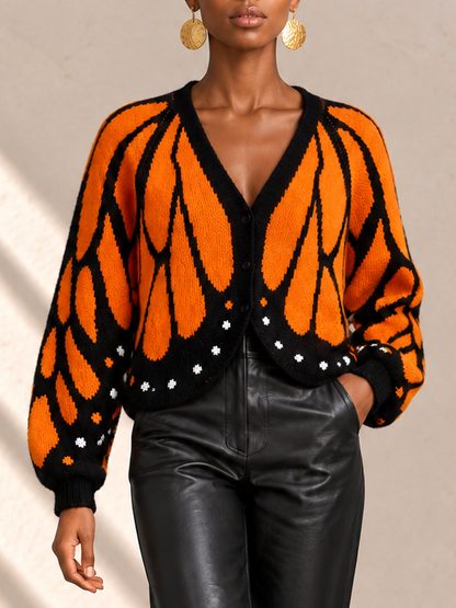 Contrast Color Butterfly Loose Long Sleeves V-neck Cardigan Tops