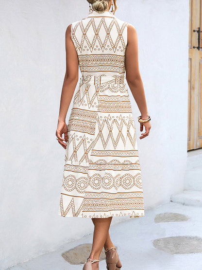 Sleeveless Buttoned Printed Tied Waist Lapel Collar Midi Dresses
