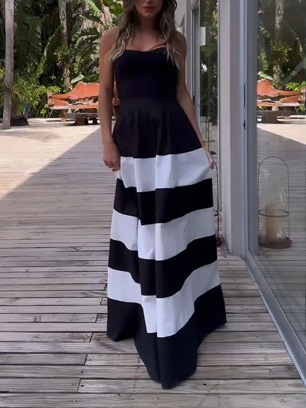 A-Line High Waisted Contrast Color Pockets Striped Tube Maxi Dresses