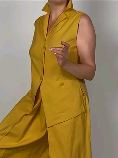 Sleeveless Buttoned Solid Color Lapel Vest Top