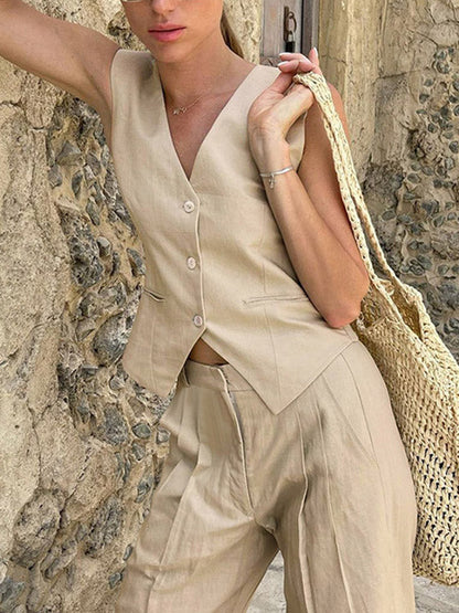 Loose Solid Color Split-Joint V-Neck Top+ Pleated High Waisted Vest Top + Pants Bottom Two Pieces Set