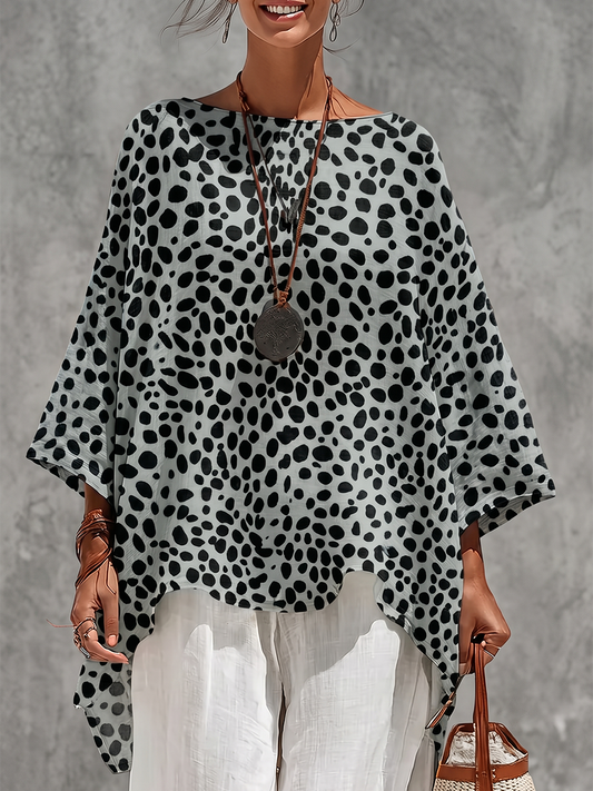 Polka-Dot Contrast Color Three-quarter Sleeves Loose Boat Neck Blouses&shirts Tops