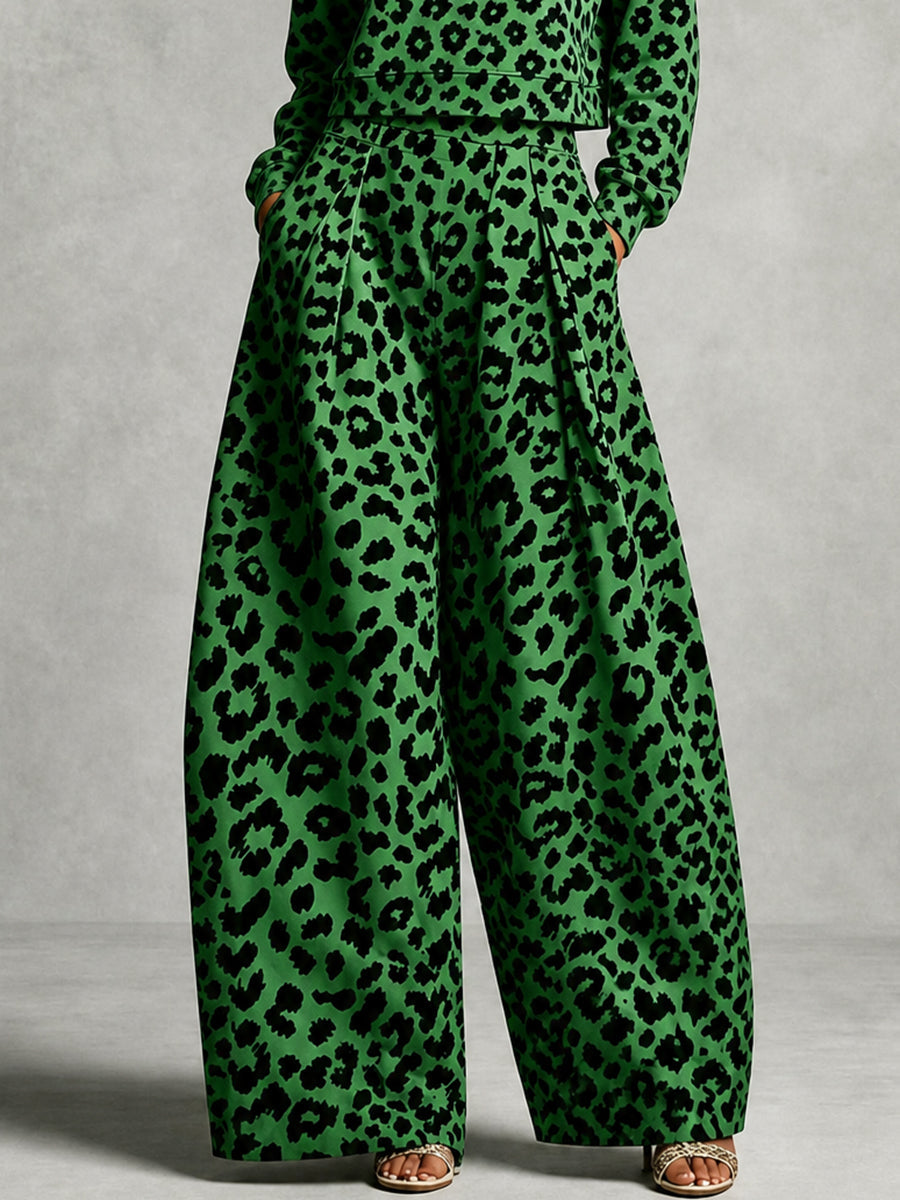 Pockets Pleated Leopard Wide Leg High Waisted Trousers Pants