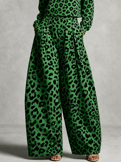 Pockets Pleated Leopard Wide Leg High Waisted Trousers Pants