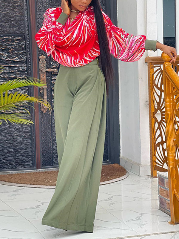 Long Sleeves Printed Heaps Collar Shirts Top + High Waisted Pants Bottom Two Pieces Set