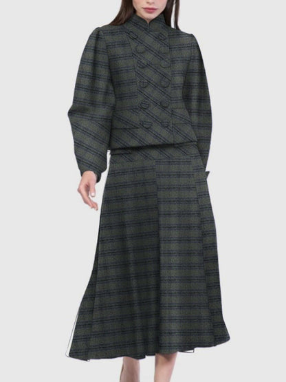 A-Line Long Sleeves Buttoned Plaid Split-Joint Stand Collar Sets Two-Piece Sets