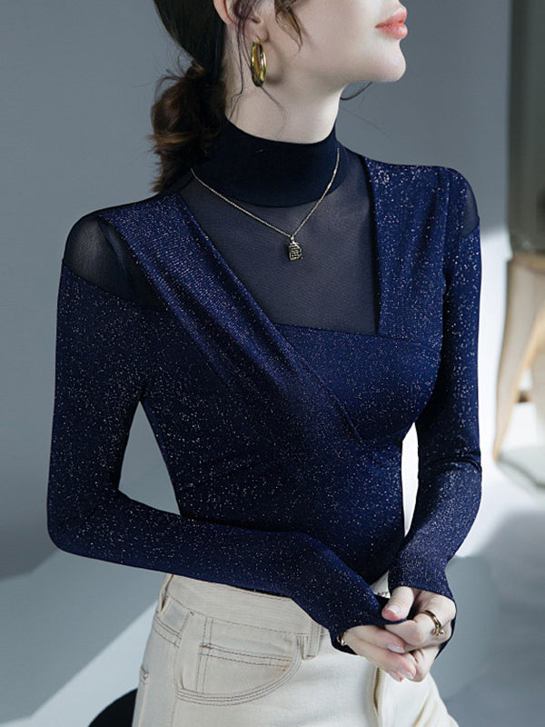 Long Sleeves Skinny Asymmetric Mesh See-Through Shiny Split-Joint Half Turtleneck Blouses&Shirts Tops
