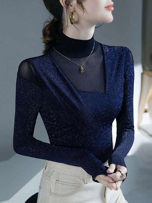 Long Sleeves Skinny Asymmetric Mesh See-Through Shiny Split-Joint Half Turtleneck Blouses&Shirts Tops