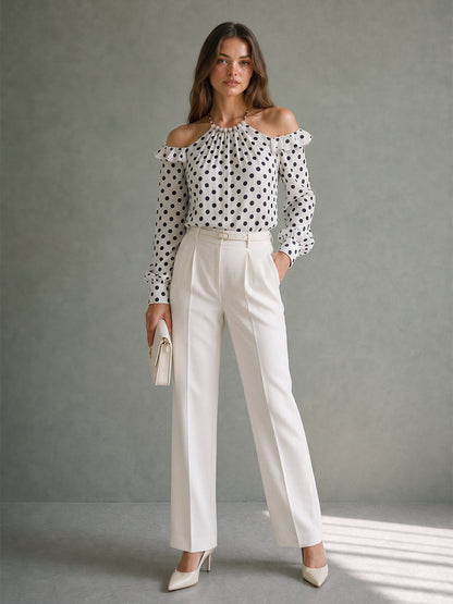 Ruffled Polka-Dot Long Sleeves Halter-Neck Blouses&shirts Tops