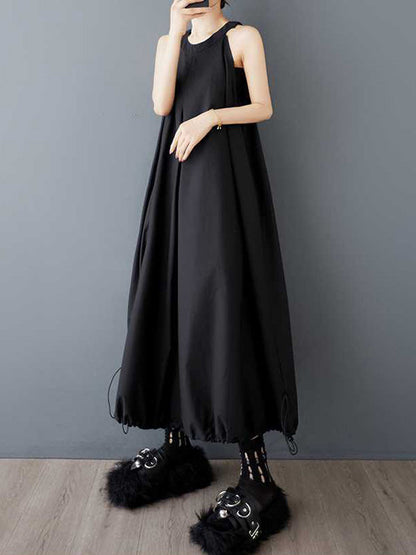 A-Line Loose Drawstring Pleated Pockets Solid Color Zipper Spaghetti-Neck Midi Dresses