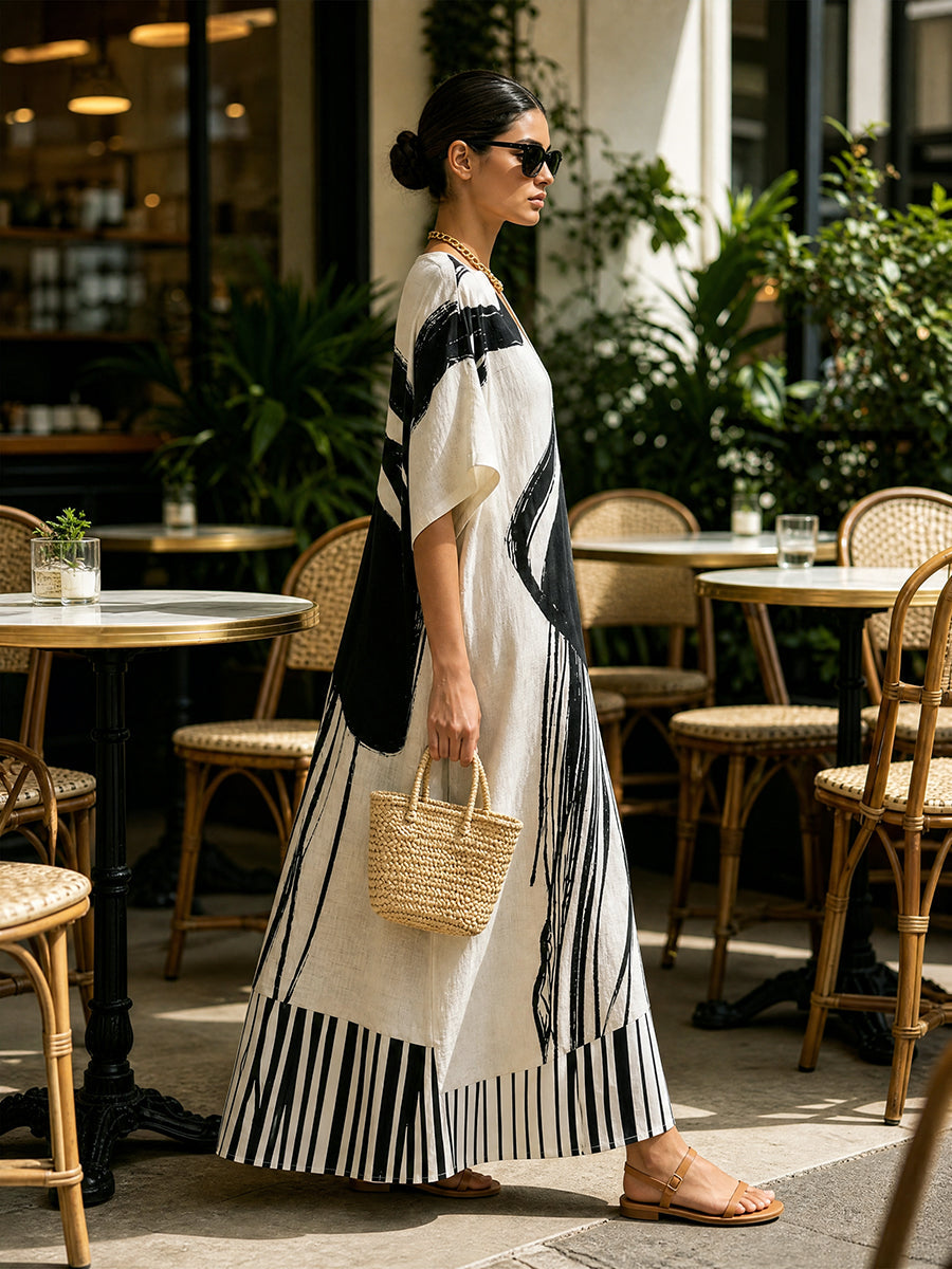 Striped Split-Joint Printed Contrast Color Short Sleeves Loose V-neck Maxi Dresses