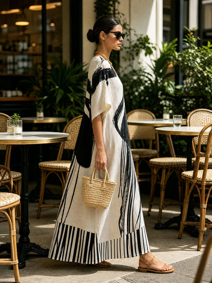 Striped Split-Joint Printed Contrast Color Short Sleeves Loose V-neck Maxi Dresses