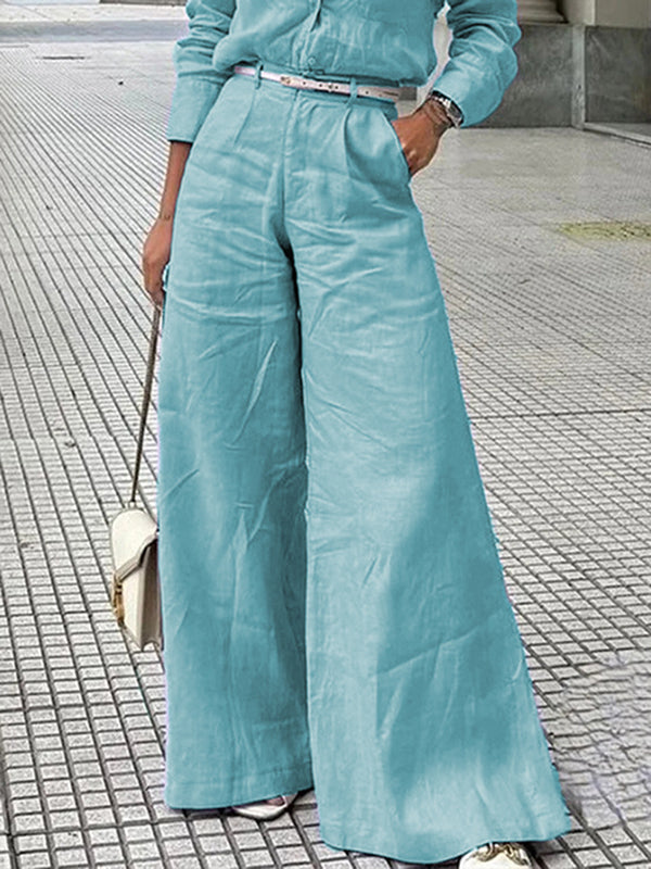 High Waisted Loose Solid Color Split-Joint Pants Trousers BLUE