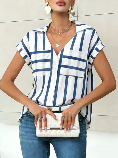 Loose Short Sleeves Buttoned Contrast Color Pockets Striped Lapel Blouses&Shirts Tops