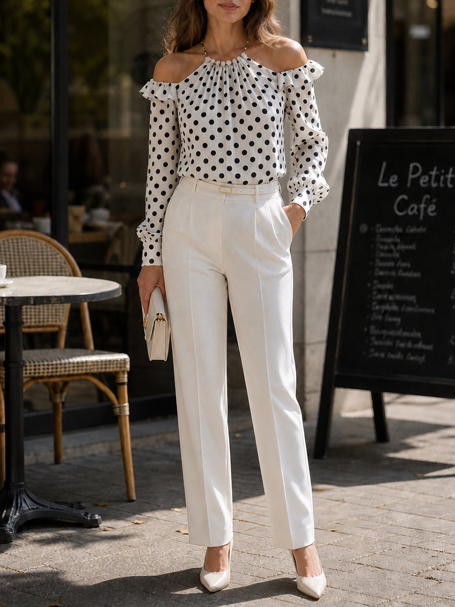 Ruffled Polka-Dot Long Sleeves Halter-Neck Blouses&shirts Tops