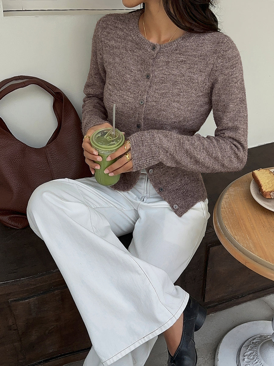 Solid Color Buttoned Long Sleeves Round-neck Cardigan Tops