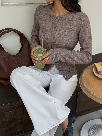 Solid Color Buttoned Long Sleeves Round-neck Cardigan Tops